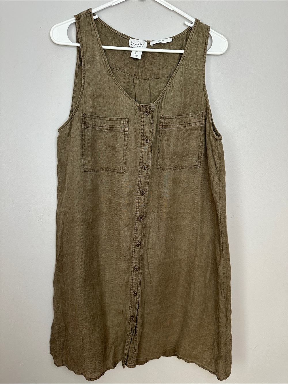 Button-Front 100% Linen Tank Dress - Olive size L